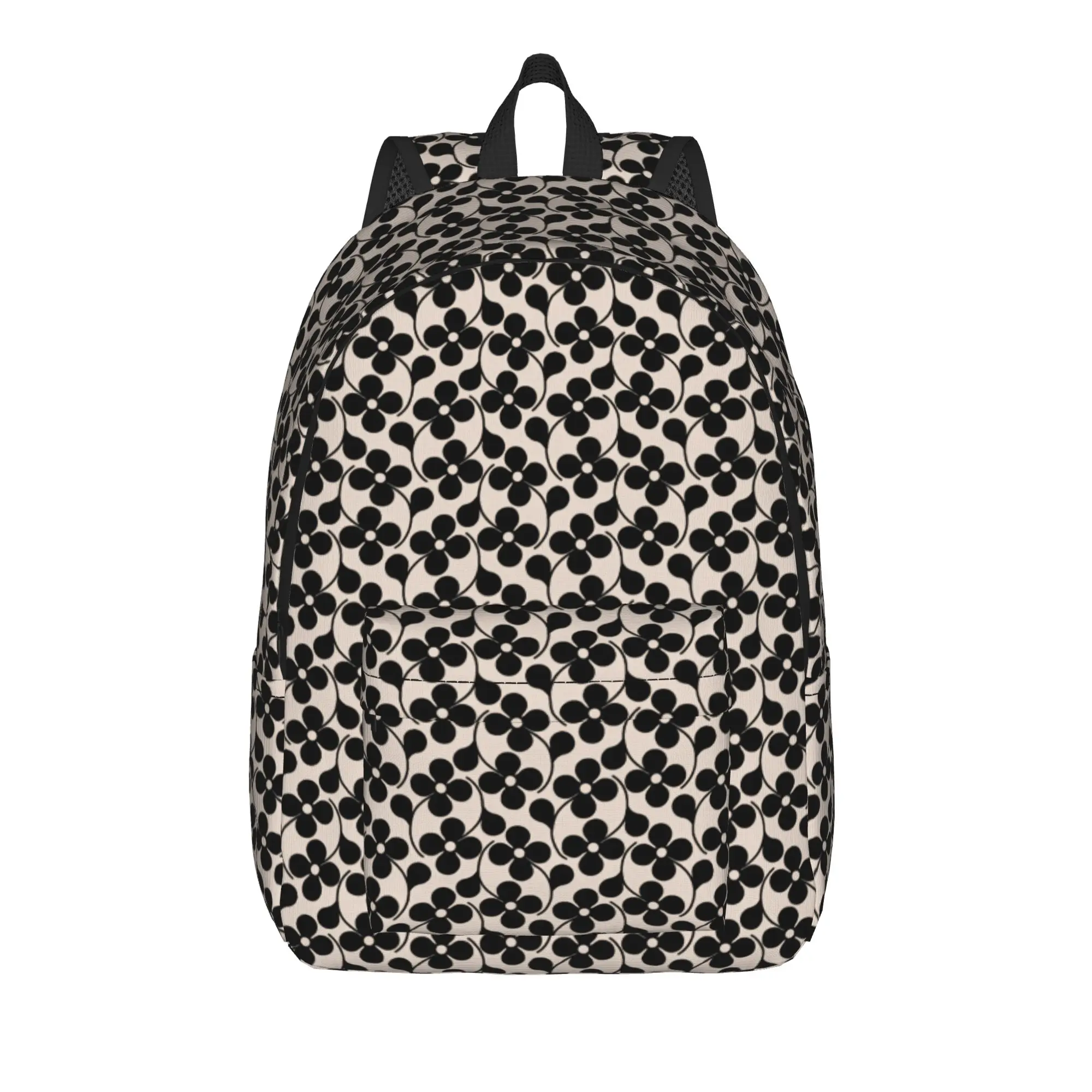 Minimalist Black Four Petal Flower Cream Base Seamless Print Backpack  Girl Polyester Trekking Backpacks Pattern Bags Rucksack
