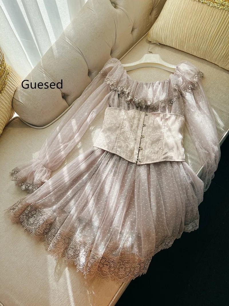 Guesed Women Pink Lace Dress Embroidery Water Soluble Flower Patchwork Dresses Polka Dot Slash Neck New Arrival