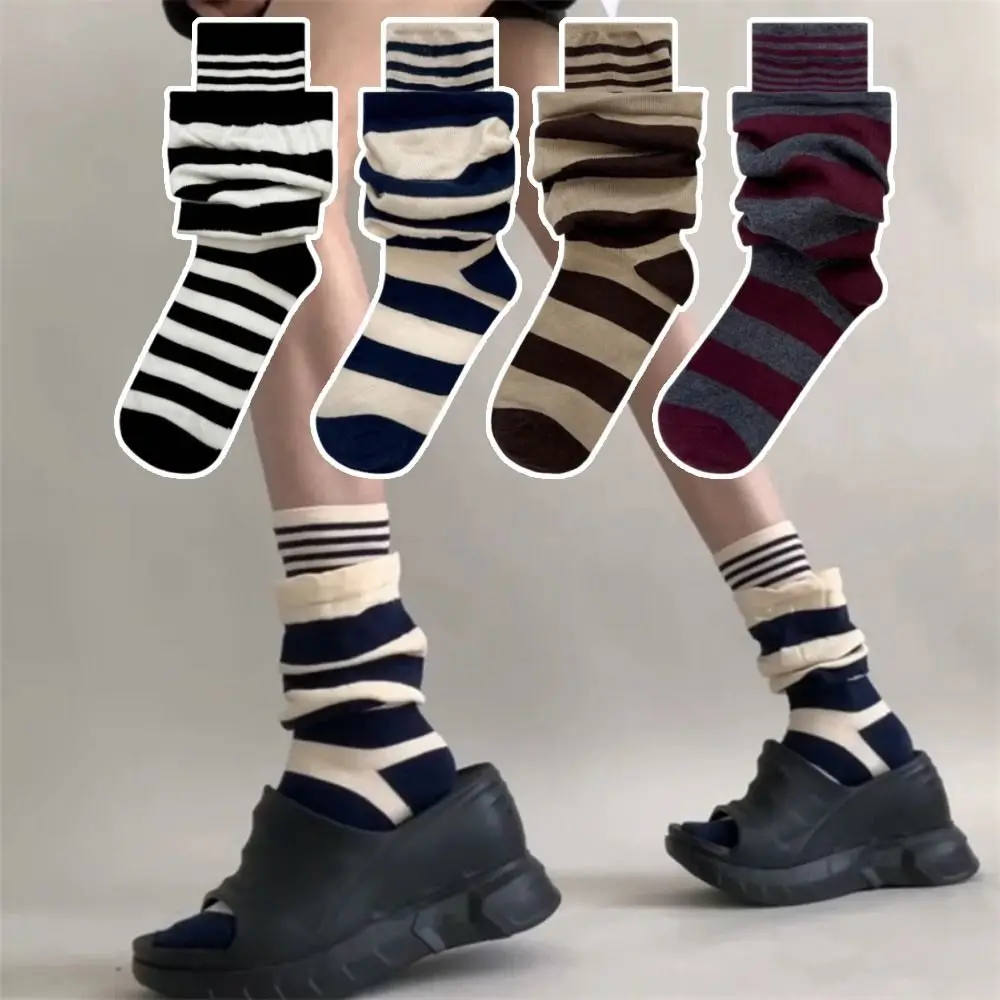 

4Pairs Thickened Fake Two Piece Ruffle Stripe Stocking Warm Loose Striped Pile Socks Elastic Soft Women's Leg Warmers Home Wear