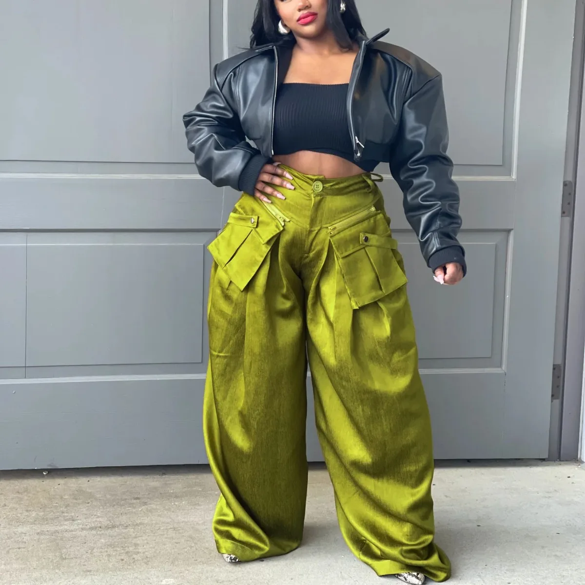 Fashion Satin Stretch High Waist Casual Cargo Pants Women Wide Leg Pants with Detachable Pocket