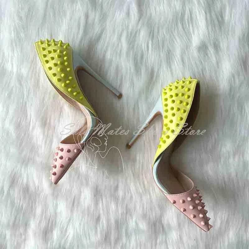 Escarpins en cuir à rivets jaune dégradé rose clair, chaussures habillées peu profondes à bout pointu, sandales Stiletto confortables pour femmes