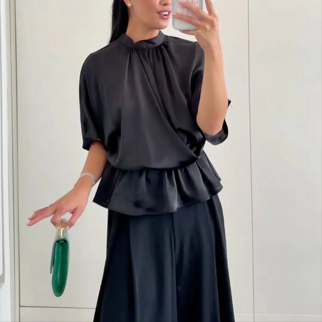 Womens Vintage Black Satin Top High Neck Twist Front Pleated Peplum Blouse Short Sleeve Loose Silk Shirt Evening Outfits