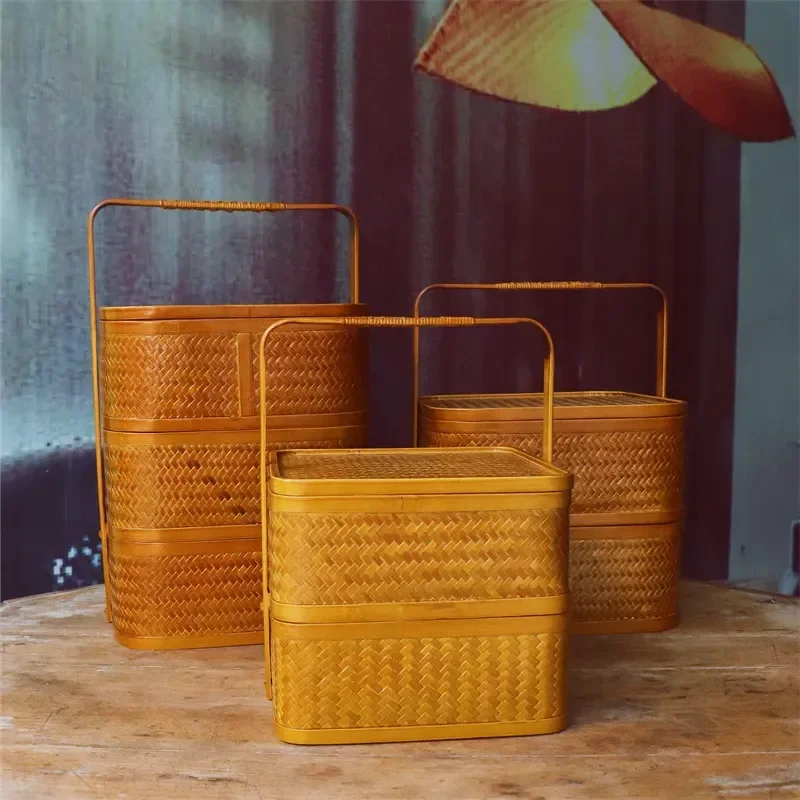 Fine Strip Weaving Double Layer Bamboo Storage Basket Lacquer Ware Multi Tier Food Box Dim Sum Mooncake Gift Tea Set