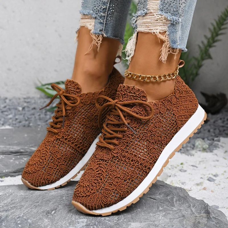 2026 Brown Knit Breathable Womens Sneakers Shoes New Platform Flats Woman Plus Size 43 Non Slip Casual Shoes Mesh Tenis De Mujer