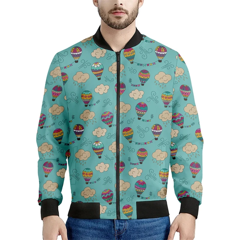 New Cartoon Air Balloon Pattern 3D Print Mens Homber Jackets 2024 Spring Autumn Long Sleeve Zipper Coat Street Flight Jacket 6XL