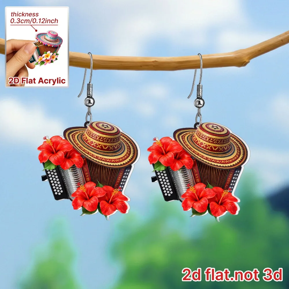 2D Flat Acrylic Accordion Straw Hat Flower Earrings Tropical Hibiscus Floral Musical Instrument Earrings Vacation Women Gift