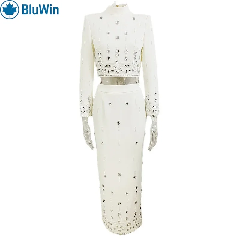 

BluWin Embellished Two Piece Set Women High Neck Long Sleeve Crop Top and Midi Skirt White Evening