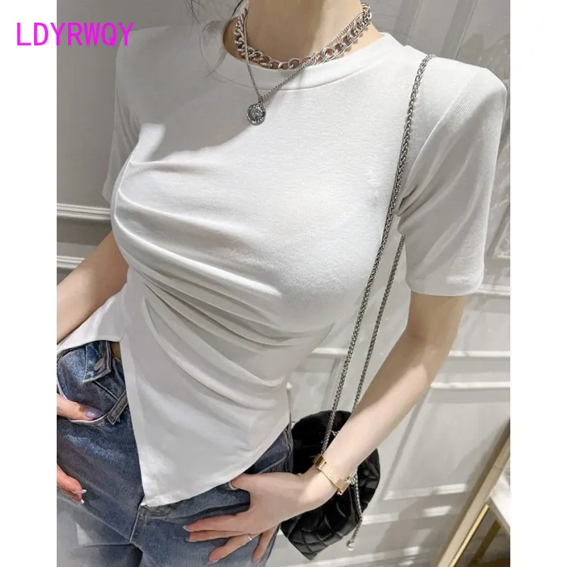 Pink Round Neck Short Sleeve T-shirt Women's Summer 2023 New Fold Waist Split Irregular Top