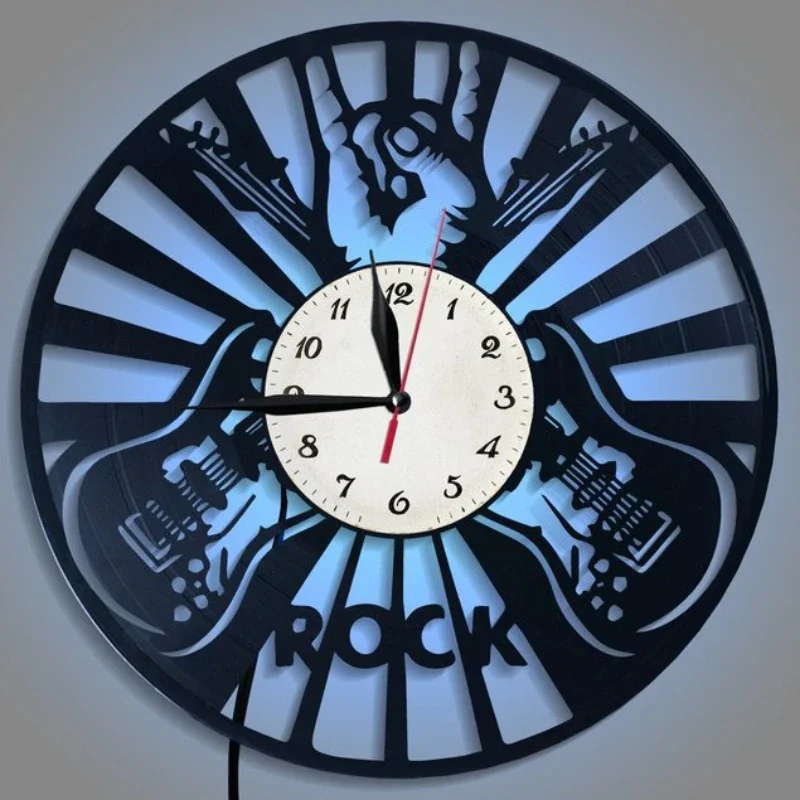 Music Theme Guitar Clock Vinyl Record LED Wall Clock Modern Design Wall Clock Home Decoration Musical Instrument Gift