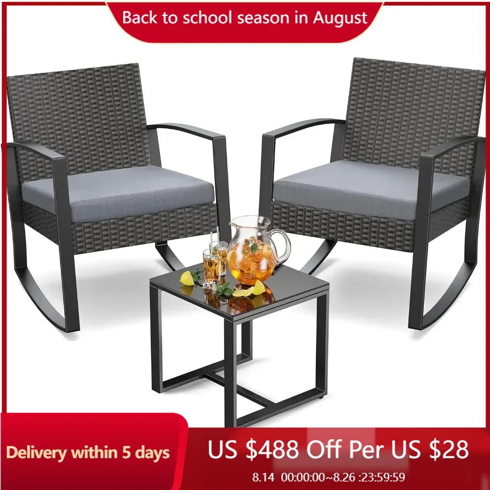 

3-piece Wicker Patio Furniture Set Outdoor Furniture Sets Outdoor Rocking Chairs With 1 Table and 2 Rocking Chairs Garden