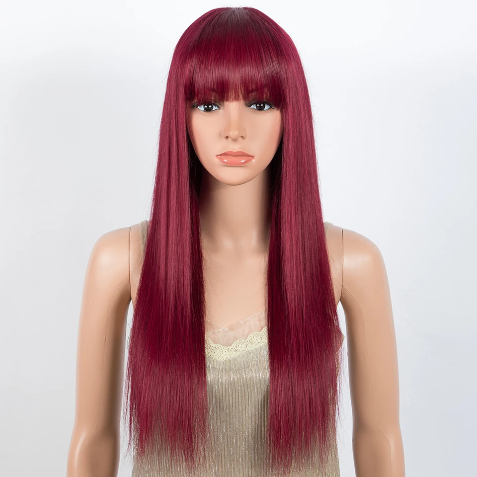 

Sleek Straight Human Hair Wigs With Bangs Burgundy 99J Malaysia Wear To Go 100% Remy Human Hair Wigs Full Machine Wig For Women