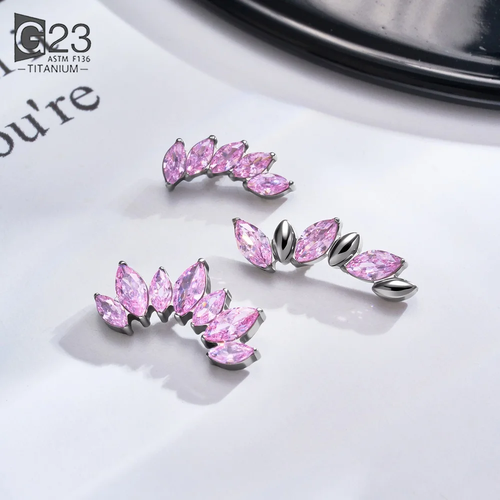 G23 ASTM F136 Titanium Pink Zircon Labret Lip Stud Internal Thread Multi‑Shape Top Cartilage Tragus Body Piercing Jewelry