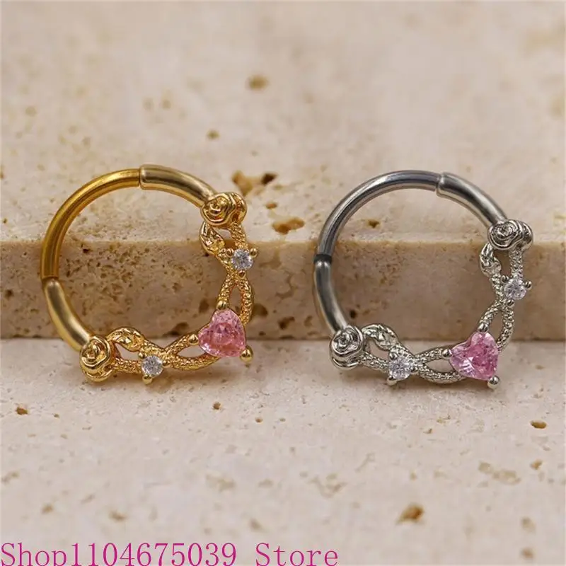 

5asd Elegant Crystal Septum Ring Silver Tone Stainless Steel Nose Clickers for Ear Piercing Fashionable Body Jewelry