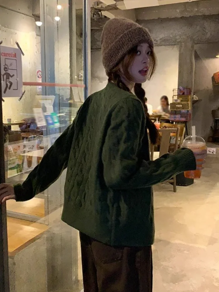 Green Knitted Cardigans Women Casual Soft Warm Autumn Winter Coats Ulzzang Fashion Vintage Girls Daily Cozy New Кардиган Женский