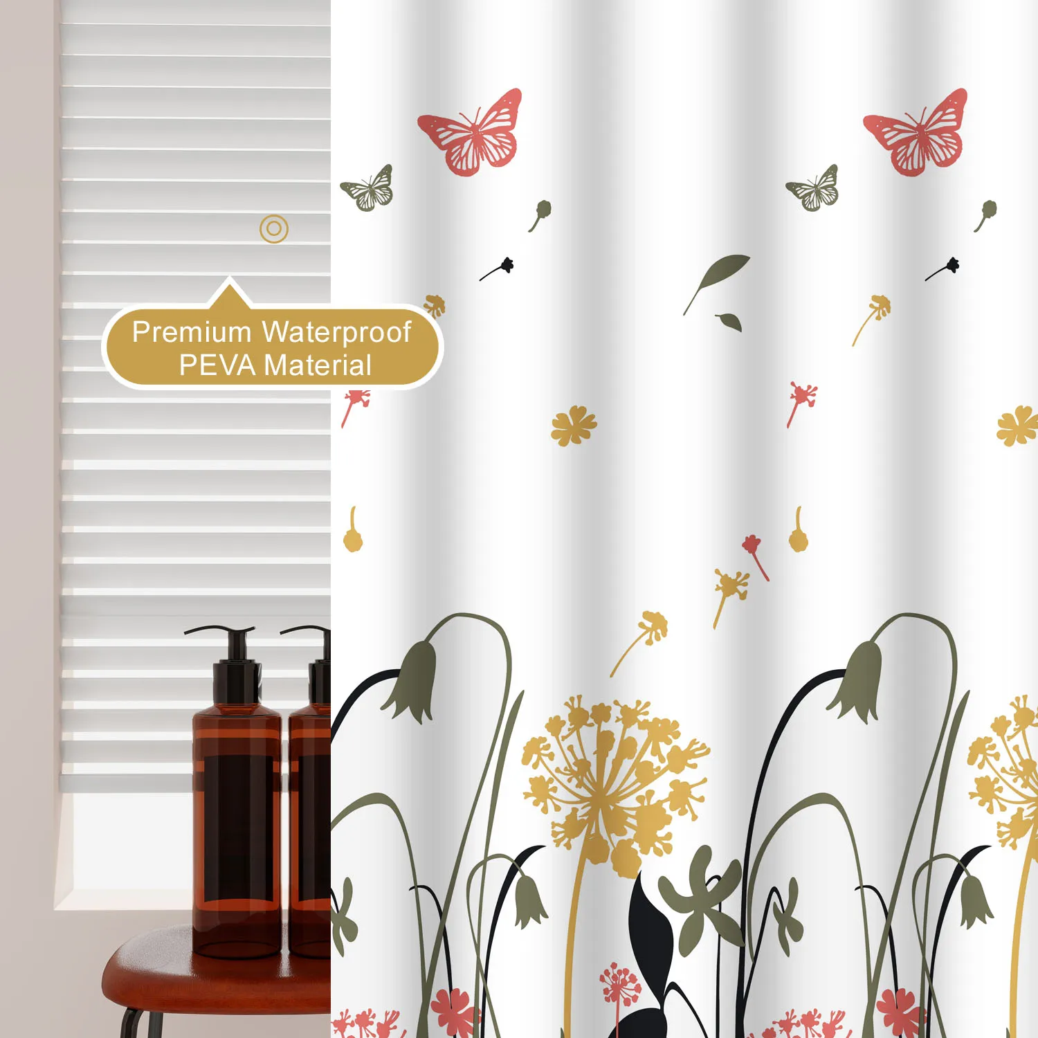 1pc Dandelion Floral Shower Curtain Waterproof PEVA Romantic Bathroom Decor