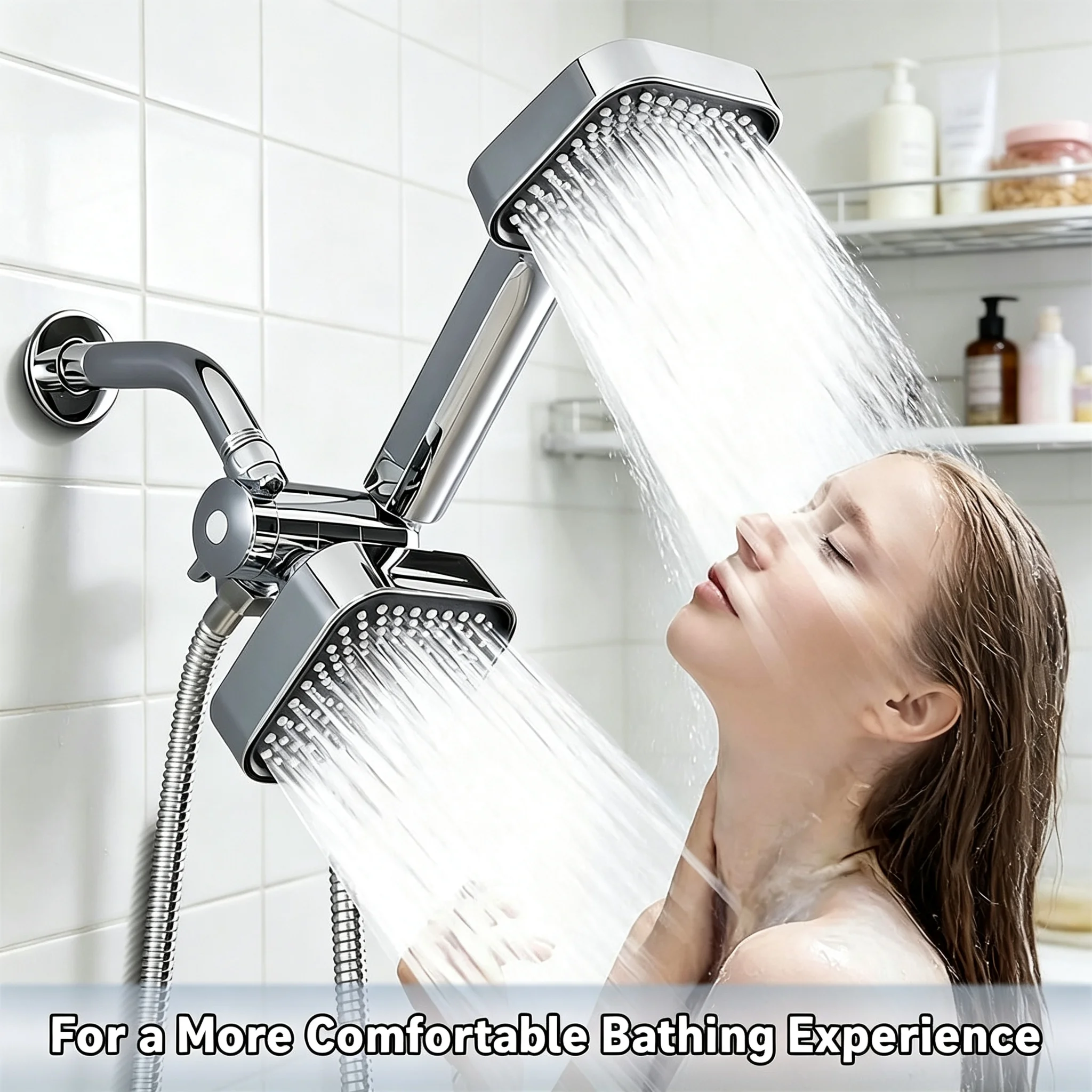 Modern Dual Square Shower Head Set Wall Mount High Flow Multi Spray System with Rotatable Bracket Flexible Hose Anti-Clog Nozzle