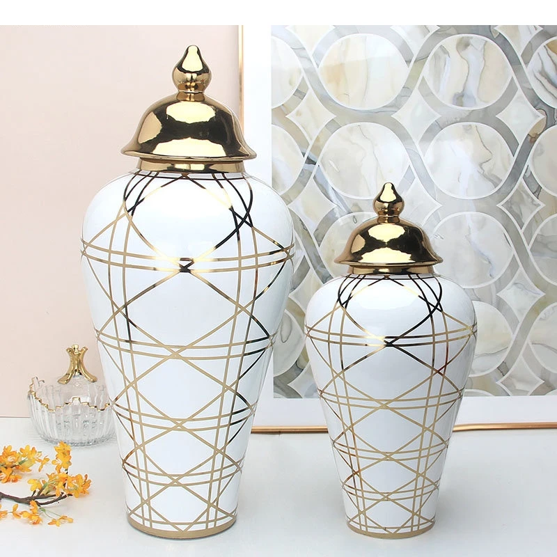 Gold-plated Stripes Ceramic Storage Jar Golden Vase Flower Arrangement Tea Canister Porcelain Jewelry Jars Cosmetic Containers