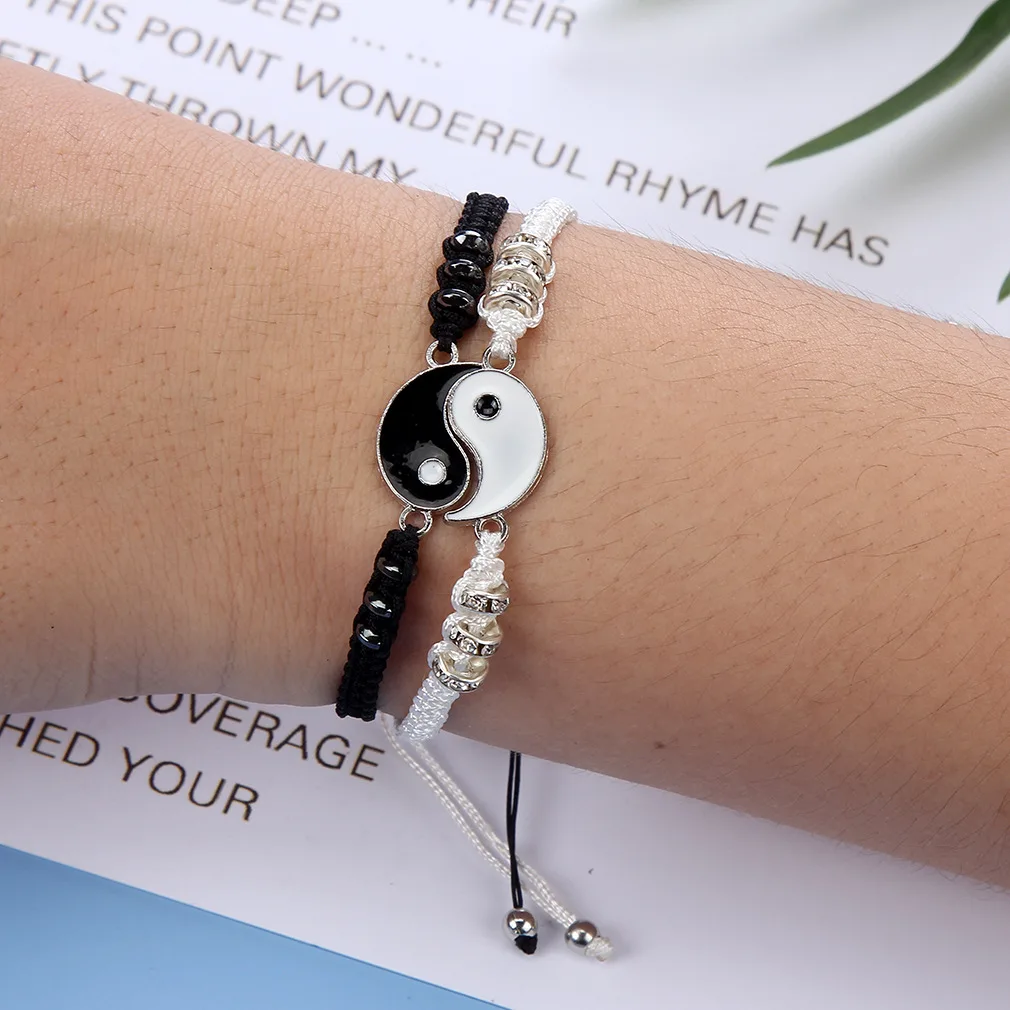 12 Pieces/Set Fashionable Alloy Black and White Tai Chi Rhinestone Woven Bracelets For Couples With Adjustable Fashion Bracelets