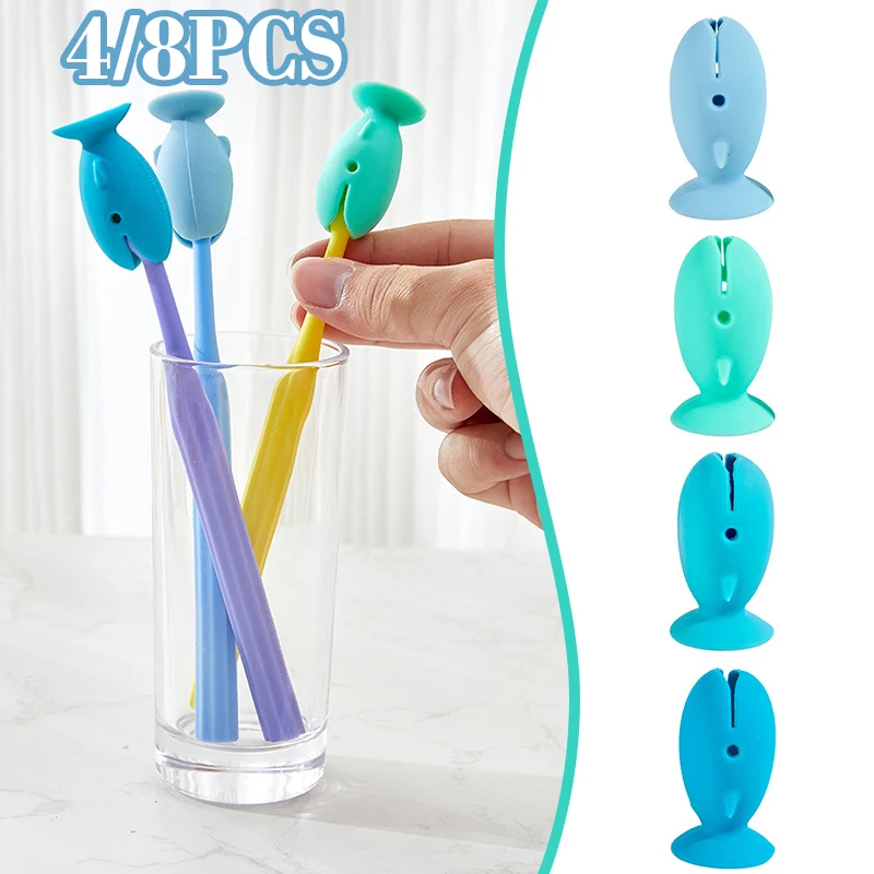 4/8PCS Fish Shape Toothbrush Holder Silicone Standing Toothbrush Storage Rack Portable Travel Toothbrush Head Protector Cover