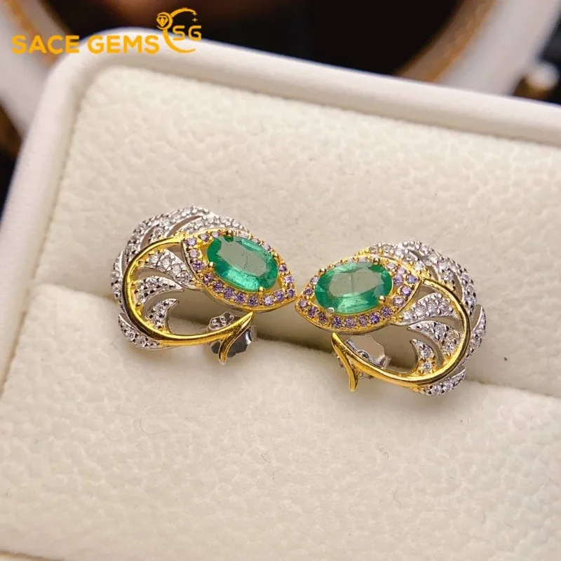 

SACEGEMS Fashion Drop Earrings for Women 925 Sterling Silver 4*6MM Natural Emerald Stud Earrings Wedding Party Fine Jewelry Gift