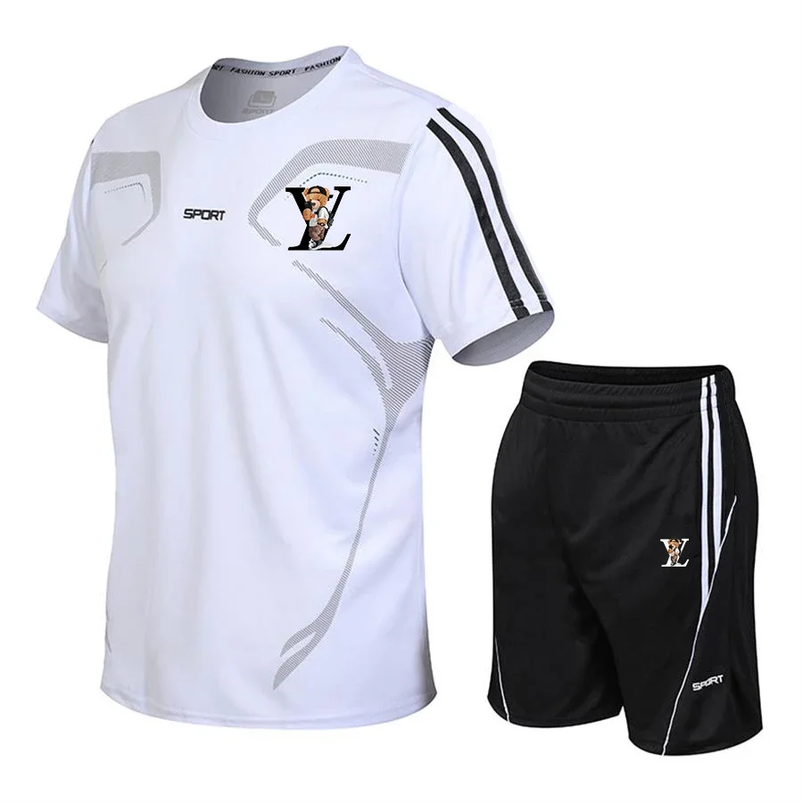 2025 Summer men's sports fitness running set Casual quick drying round neck short-sleeved T-shirt + shorts two-piece set