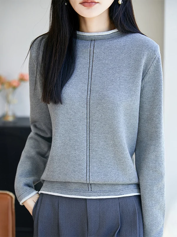 Fashionable Color Block 100% Cotton Knitted Top Women's Simple Base Layer Warm Comfortable High-End Feeling Long Sleeve Shirt