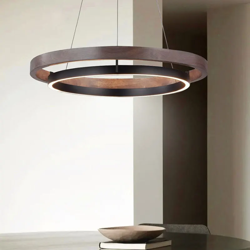 

Modern LED Chandelier For Living Room Bedroom Dining Room Kitchen Round Ring Walnut Wood Texture Hanging Lamp Pendant Lights