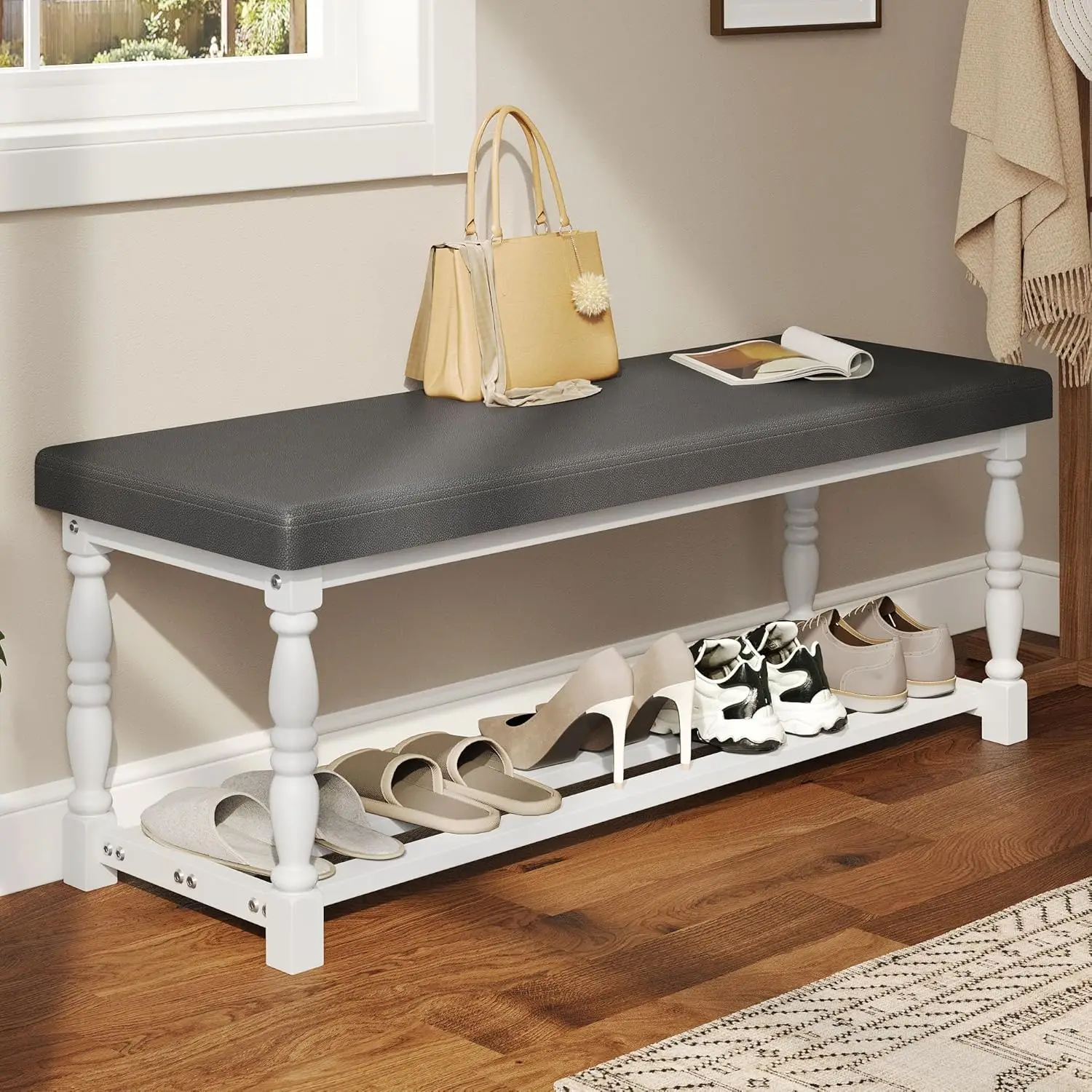 Entryway Bench 48 Inch Storage Shoe Rack Cushion All Seasons Universal Grey & White