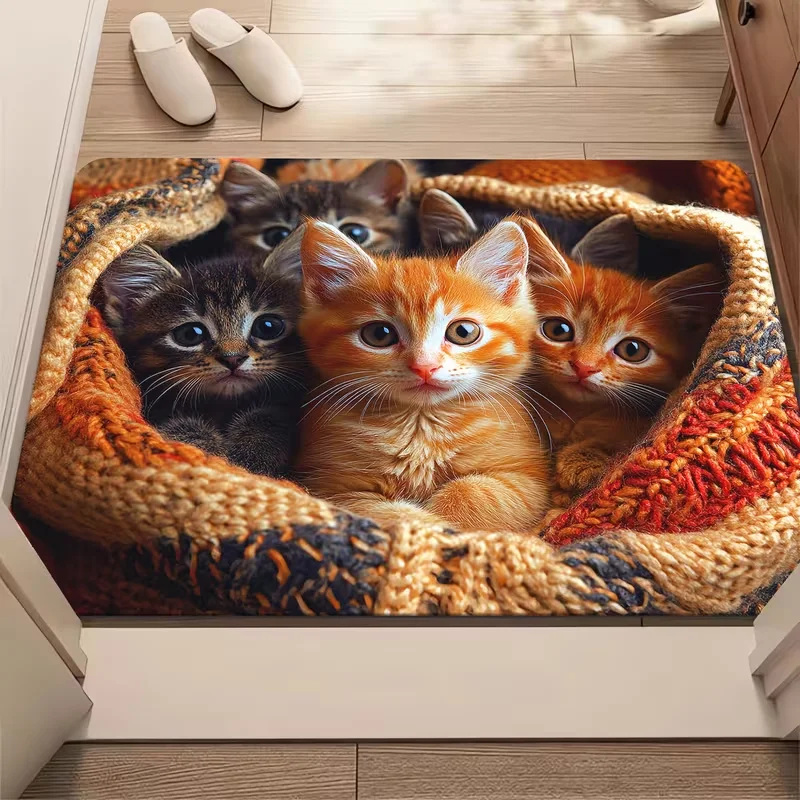 Crack Wood Hole Four Realistic Kitten Door Mat Thick Washable Entry Rug Fit Kitchen Bedroom Living Room Indoor Entry Decor