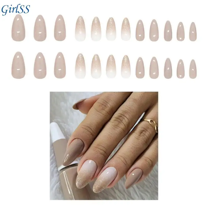 24pcsがネイルナチュラルグラデーションフランスのアーモンド形状の虚偽の爪を毎日のオフィス摩耗のためのグリッターでfalseアプリケーションt4mb