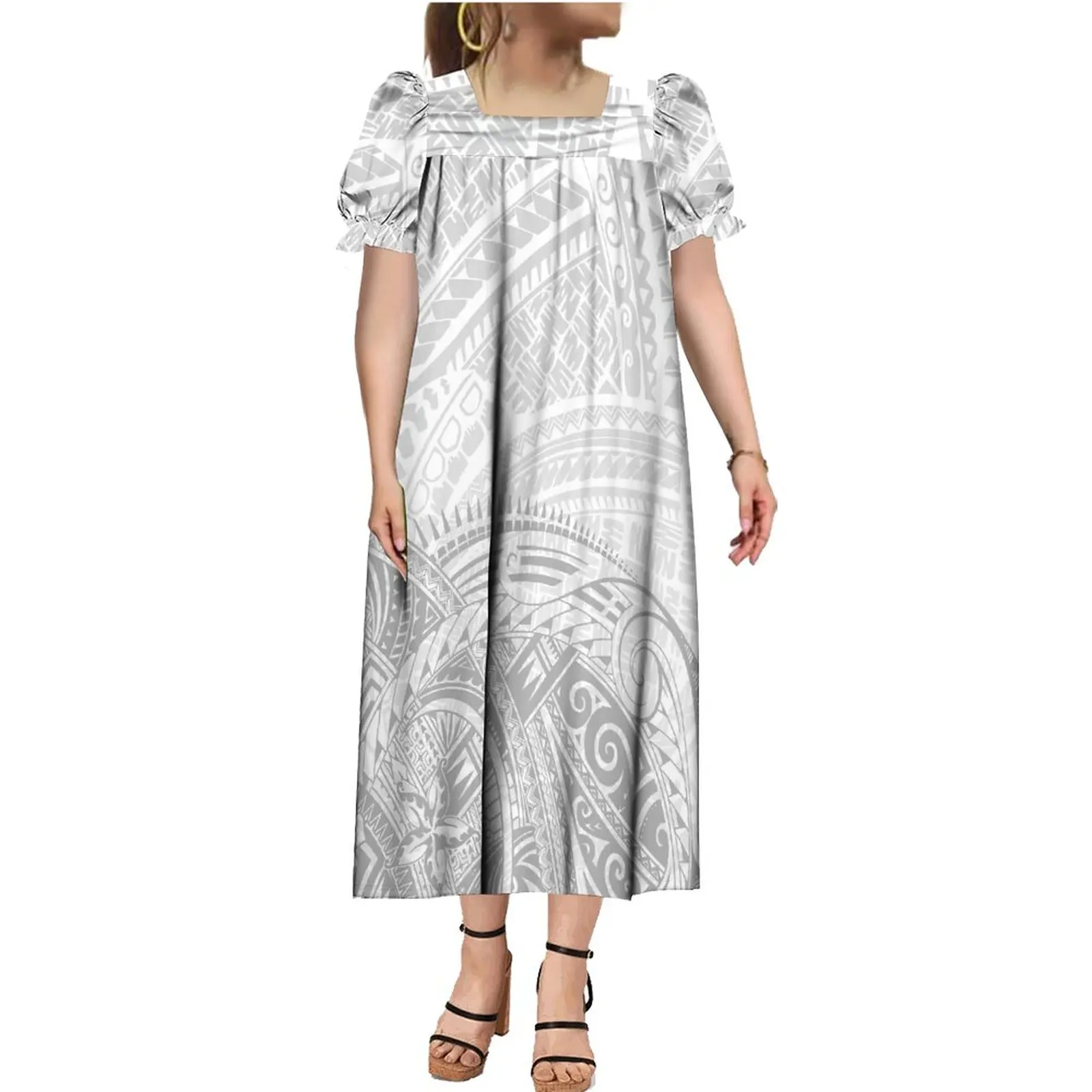 Custom mother day Micronesian Dress Micronesia Mumu Puff Short Sleeve Puffy Midi Dresses Polynesian Tribal Hawaiian White Dress