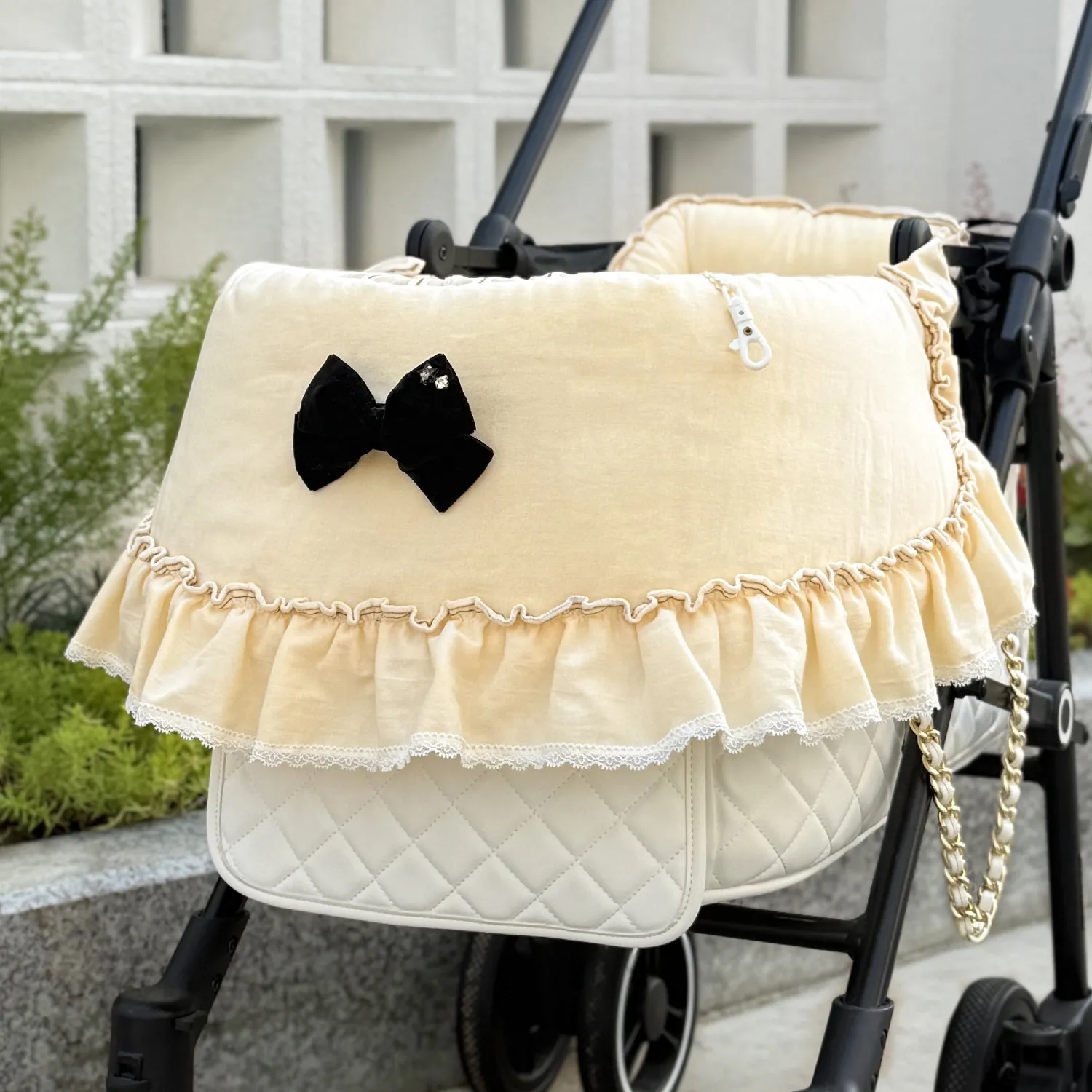 High-end 3-Piece Dog Stroller Cushion Set – Reversible Pet Pram Liner Pad with Chin Rest Pillow & Ruffled Bumper Guard Cover