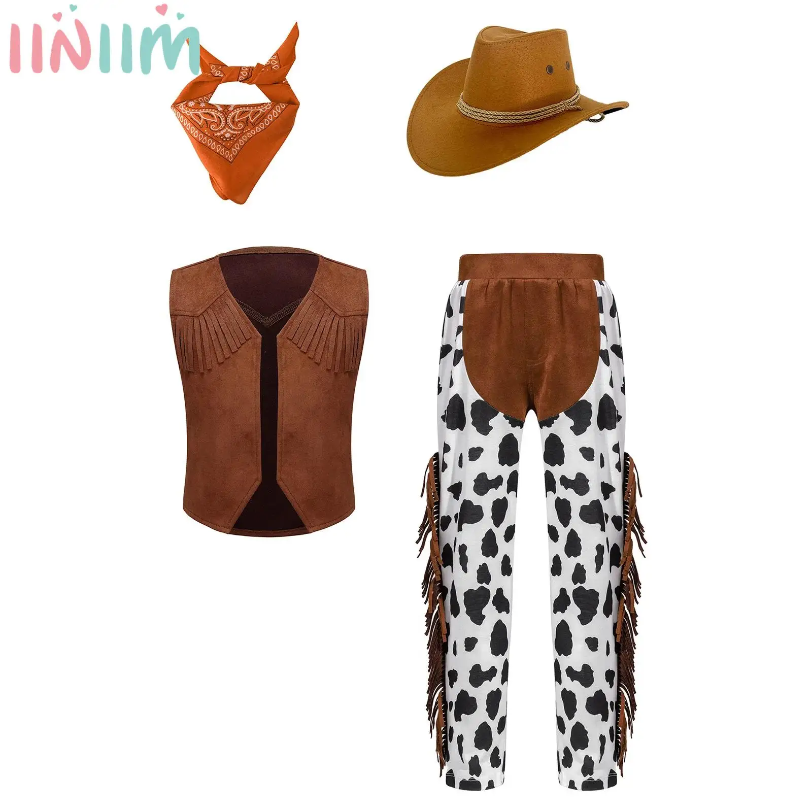 Boys Girls Western Cowboys Cowgirls Cosplay Costume Tassel Fringe Vest with Cow Print Pants Bandanna Hat Set Dress Up Costume