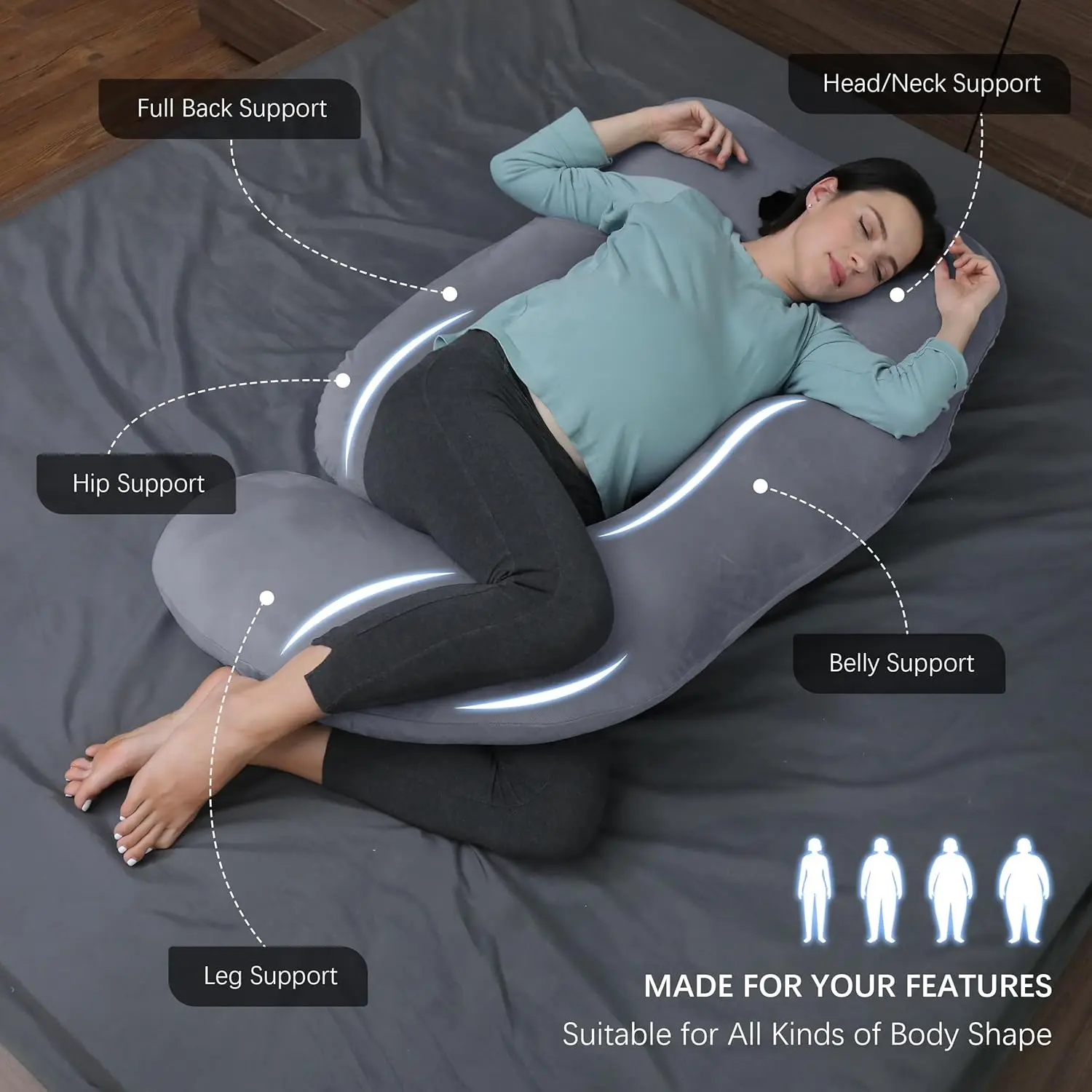 Sleeping pillow for pregnant women-U-shaped full-body pregnant women pillow with detachable pillowcase 57 inches-dark gray