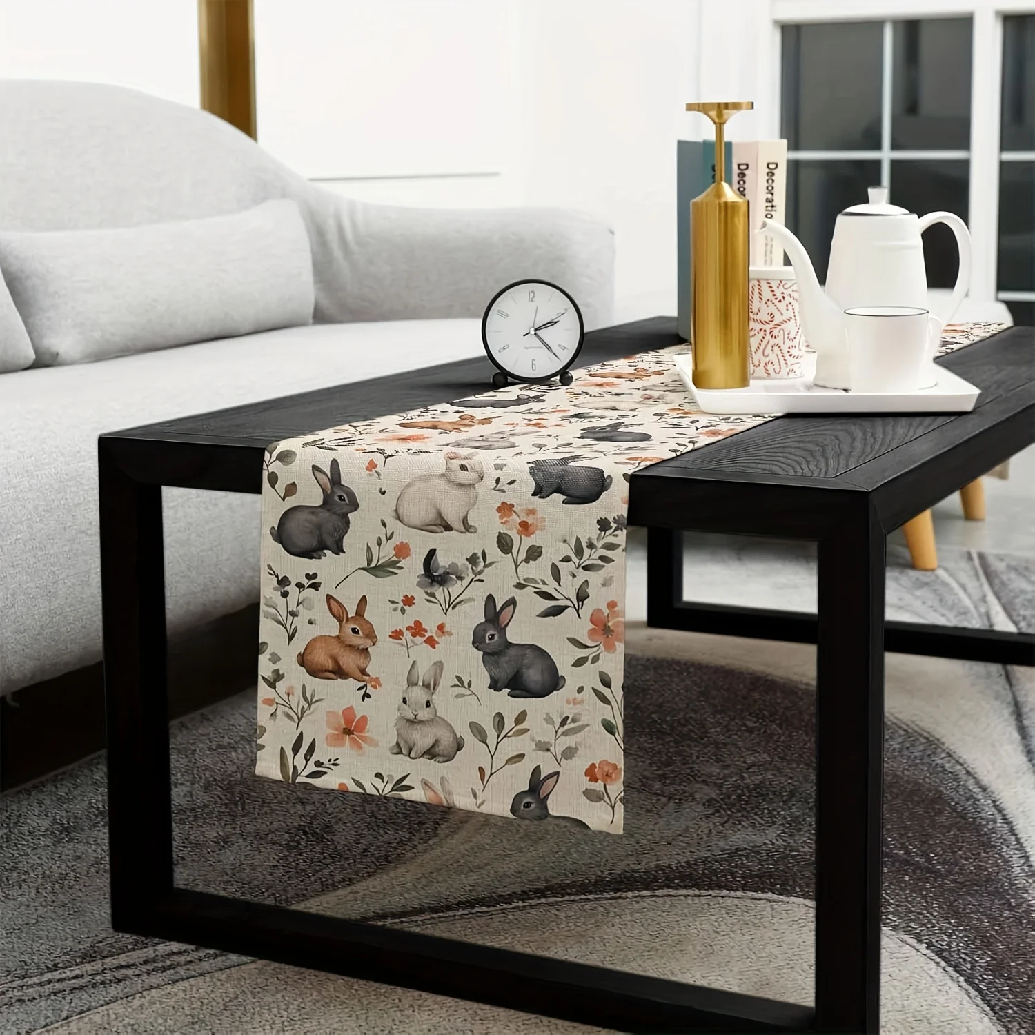 Multicolor Bunny Floral Table Runner Single Sided 2D Print Durable Table Mat Home Dining Room Kitchen Playful Decor Easter Gift