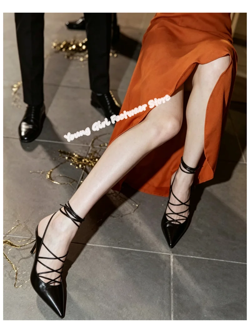 Pointed Instep Hollow Out Cross Straps Temperament High Heels Women's Shoes Retro Style Ankle Straps Black Shallow Sandals