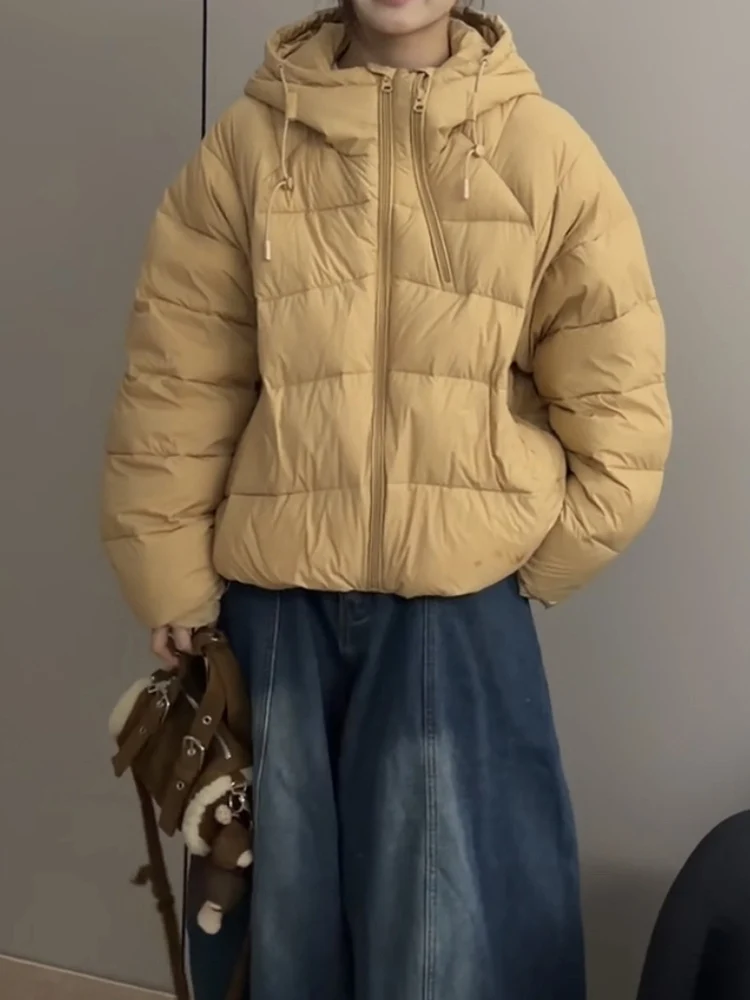 

Korean Sle Women's ort Puffer Jaet Double Zipper Design White Du down Bread Sle Outerwear Faionable Winter Coat