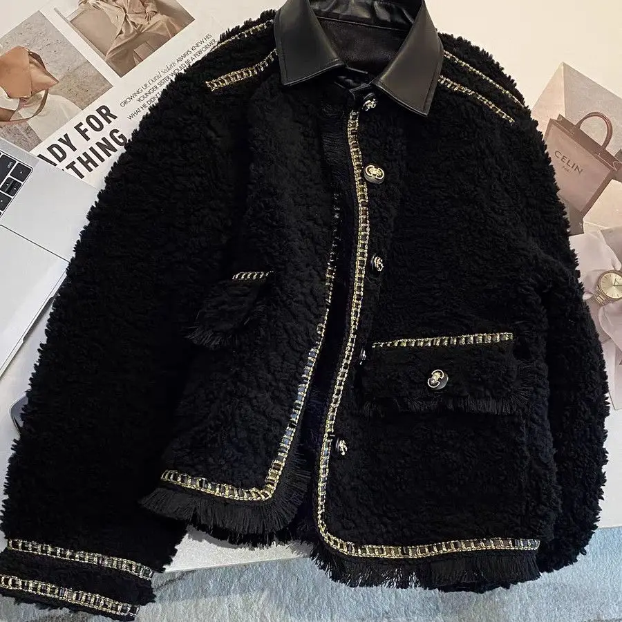 Faux Fur Integrated Lamb Wool Cotton-Padded Coat Women's Autumn Winter New Thickened Fringed Design Jacket Collar Trendy