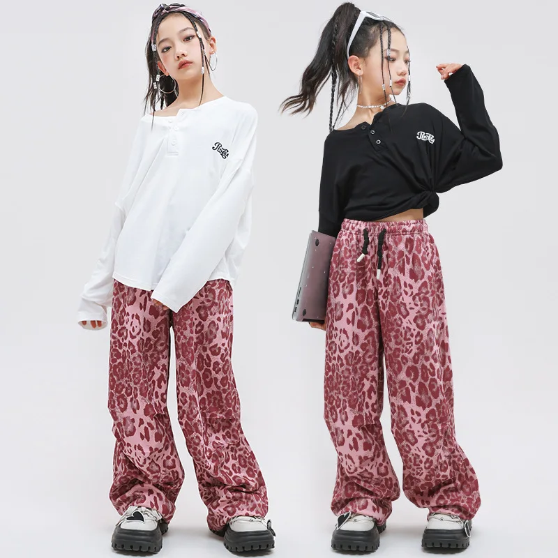 Kind Hip Hop Kleidung Geraffte Crop Top Langarm T-shirt Rosa Leopard Print Casual Hosen für Mädchen Jazz Dance Kostüme Kleidung