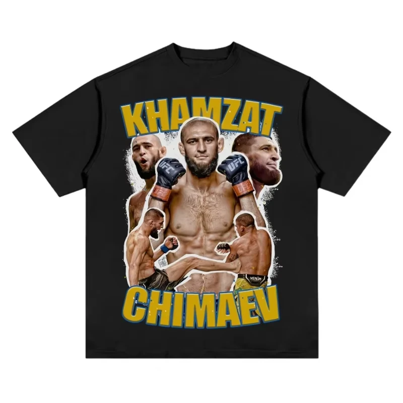 2024 Republic of Chechnya Khamzat Chimaev Vintage Boxing Figure Print Short Sleeve MMA Sports T-shirt UFC Tees