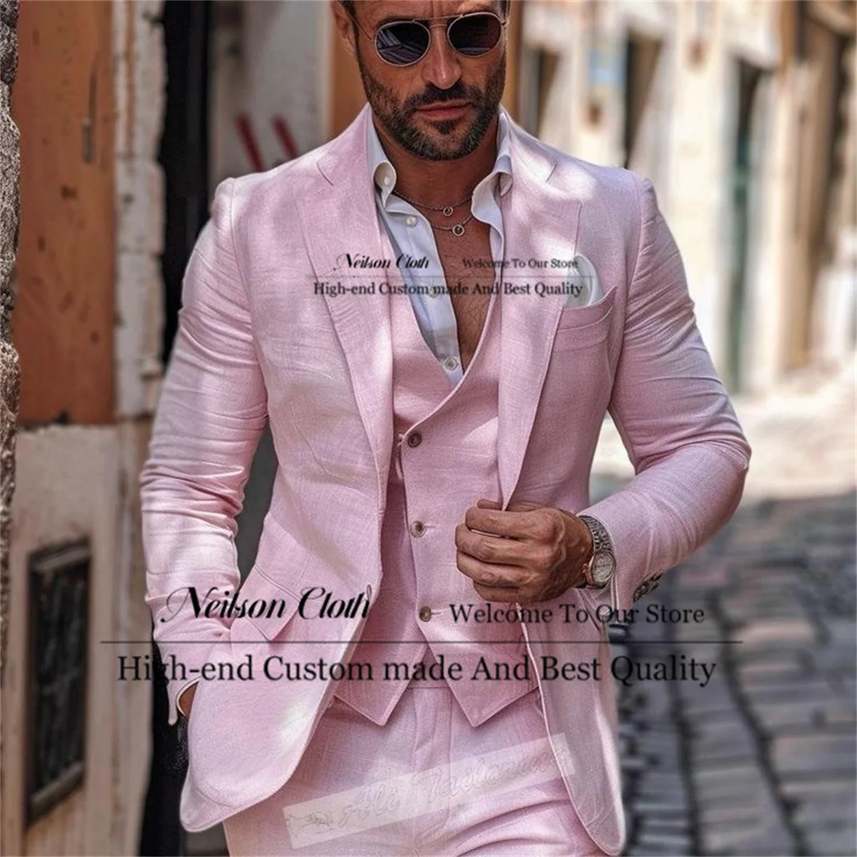 

Formal Pink Male Prom Blazers 3 Pieces Sets Linen Groom Wedding Tuxedos Customized Notched Lapel Business Terno Masculino