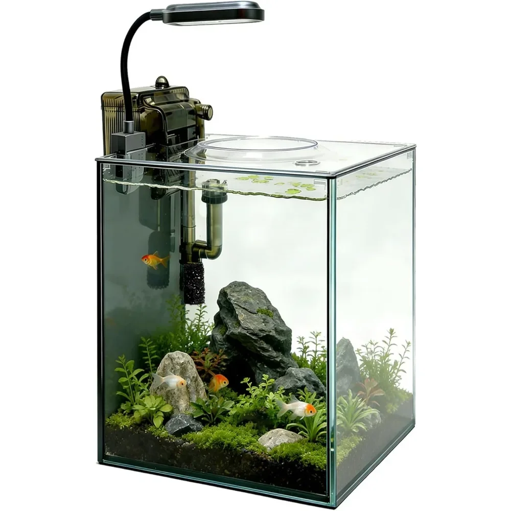 Compact 8L Rimless Glass Desktop Aquarium with Hang-On Filter and LED Light for Small Fish