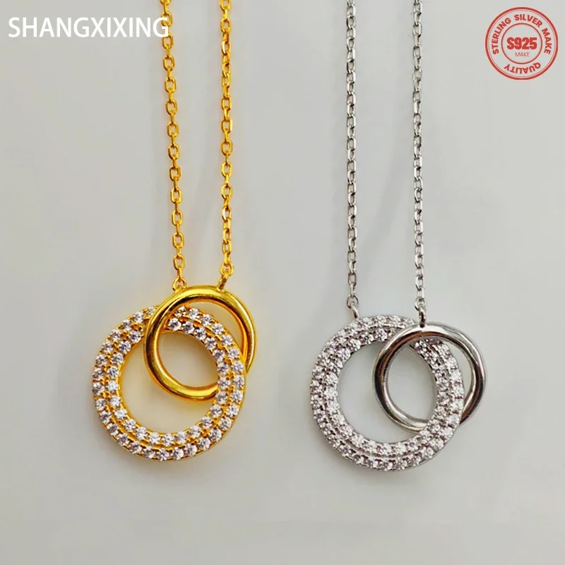 

S925 Sterling Silver Shiny Interlocking Zircon Women Charm Circular Pendant European American Light Luxury Necklace 925 Jewelry