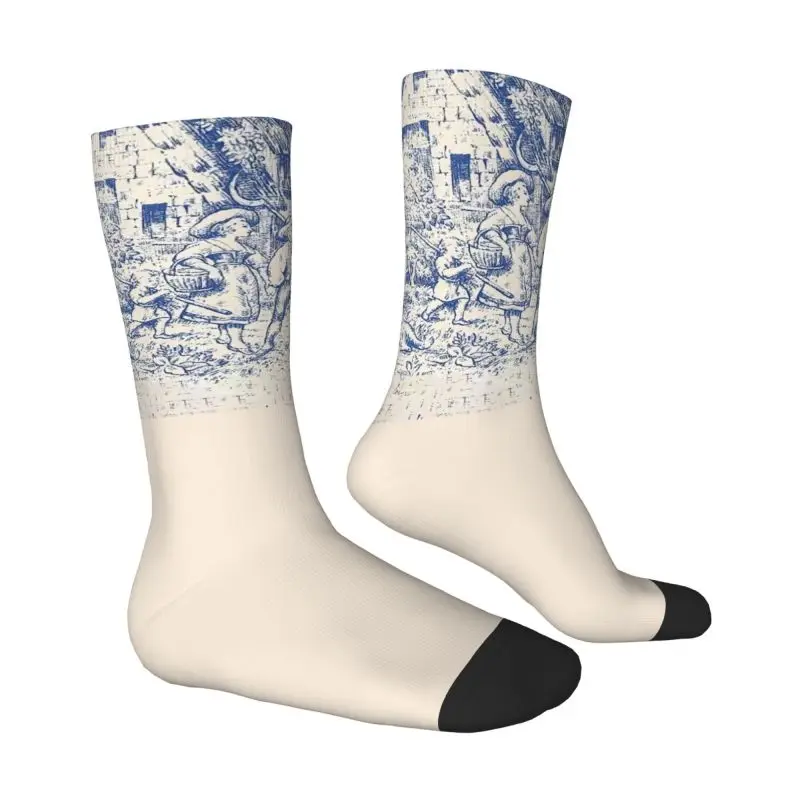 Novelty Men's Vintage Toile De Jouy Navy Blue Motif Dress Socks Unisex Comfortable Warm 3D Print Classic French Style Crew Socks