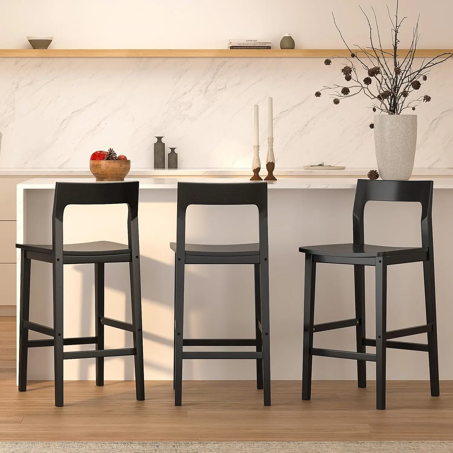 Modern Wood Barstools Set of 4, Counter Height Bar Stools Armless Farmhouse Wooden Bar Dining Chairs with Back & Footrest for Ki
