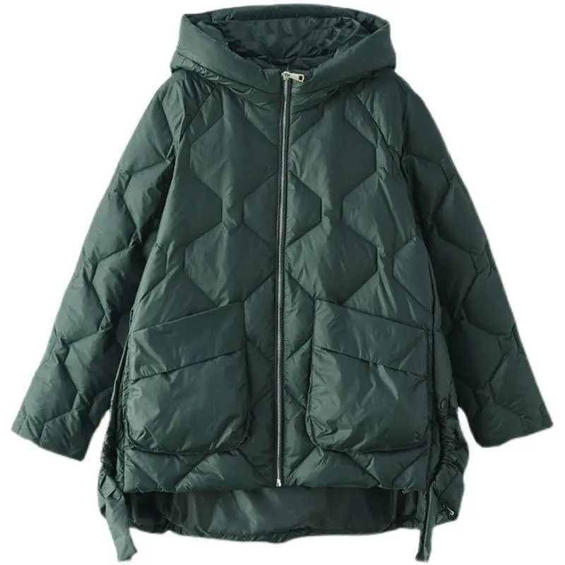 Weiße Daunen-Pufferjacke mit großen Taschen, Kapuze, verdickt, lässiger Stil, Damenmantel, warme, flauschige, gesteppte Oberbekleidung