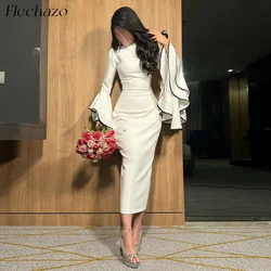 Flechazo White Evening Dresses High Neck Flare Sleeves Sheath Tea-Length Formal Party Dress For Women 2024 vestidos de noche