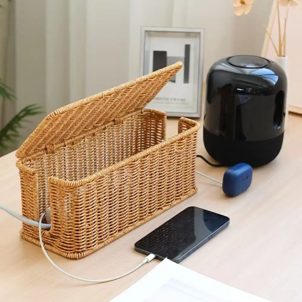 Handwoven Cable Management Box 2 Open Slots Hide Power Strip and Router Imitation Rattan Box with Lid Cord Organizer Hider Box