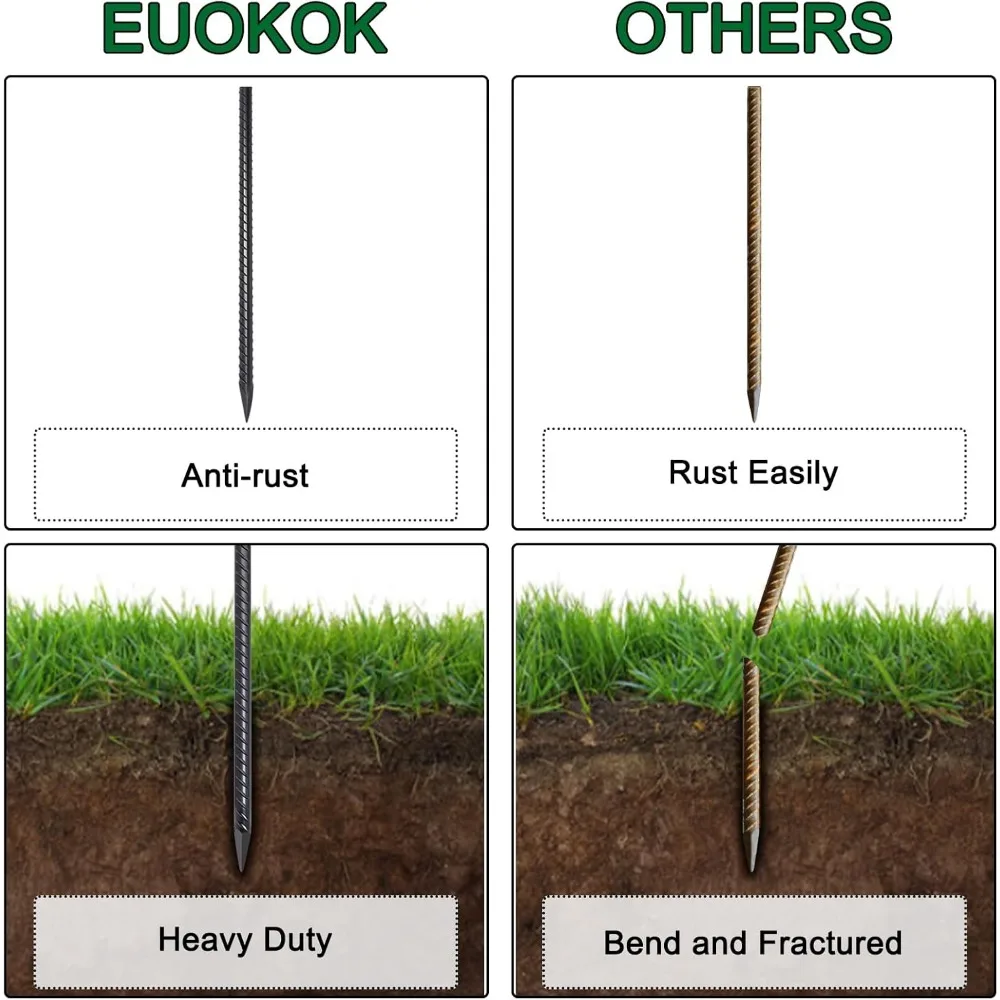 Estacas de vergalhão de aço resistentes de 1/2 polegada de diâmetro, 48 polegadas de comprimento, pacote com 8 para paisagismo e suporte de solo