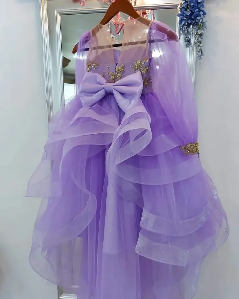

Purple Flower Girl Dresses for Wedding Long Lace Appliques Pleated Girl Gown for Photoshoot First Communion Gowns Customized